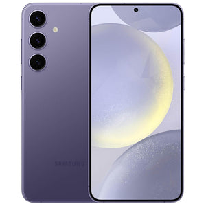 Samsung Galaxy S24 Plus in Cobalt Violet, showcasing the front display and the back side featuring a triple camera setup, highlighting its sleek design and vibrant color
