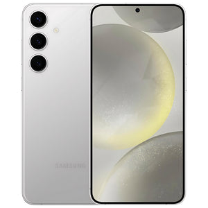 Samsung Galaxy S24 Plus in Marble Grey, showcasing the front display and the back side featuring a triple camera setup, highlighting its sleek design and vibrant color