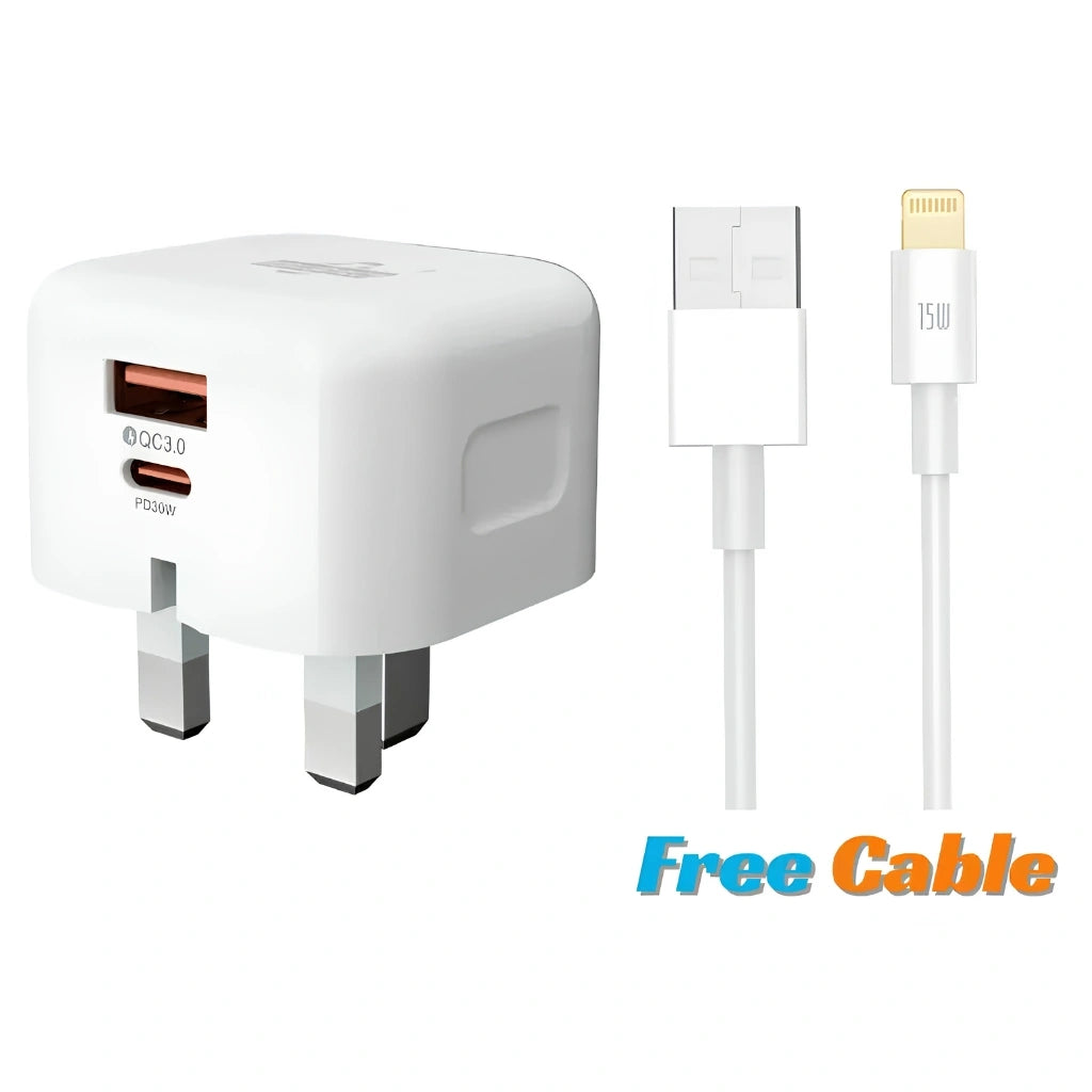 Brand New and Refurbished 30W Dual port USB-A and type-C charger plus USB-A to lightning cable