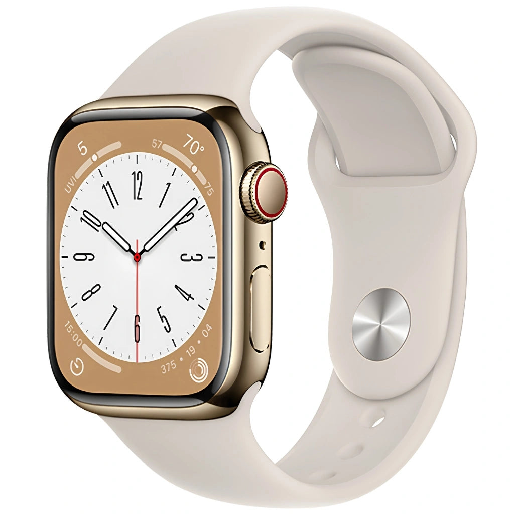Brand New and refurbished Apple Watch series 9 Cellular gold stainless steel case starlight sport band
