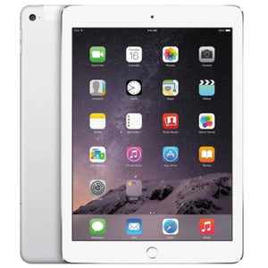 Apple iPad Air 2 Cellular in Silver, featuring the bright front display and smooth silver back with a rear camera