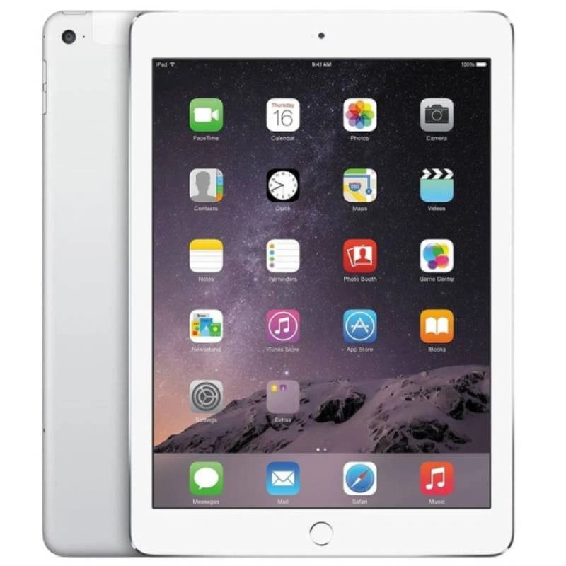Apple iPad Air 2 Cellular in Silver, featuring the bright front display and smooth silver back with a rear camera