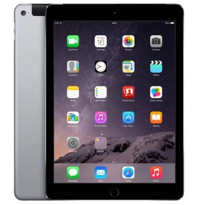 Apple iPad Air 2 Cellular in Space Gray, showcasing the front display and sleek dark gray back with a rear camera