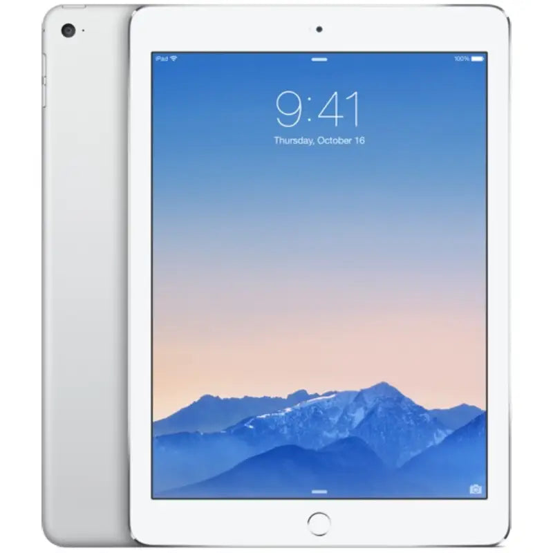 Apple iPad Air 2 Wi-Fi in Silver, featuring the bright front display and smooth silver back with a rear camera