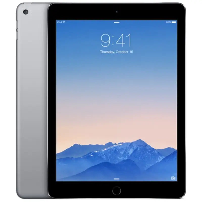 Apple iPad Air 2 Wi-Fi in Space Gray, showcasing the front display and sleek dark gray back with a rear camera