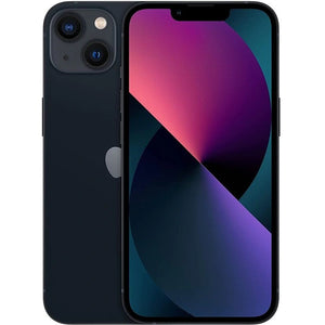 Apple iPhone 13 in Midnight color, showcasing the back with a dual-camera setup and a glossy finish, alongside the front display with Super Retina XDR screen