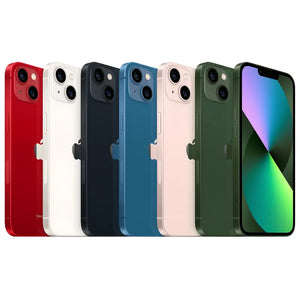 Apple iPhone 13 in all color,  showcasing the side view with a sleek aluminum frame, the back with a dual-camera setup and a glossy finish, alongside the front display with Super Retina XDR screen