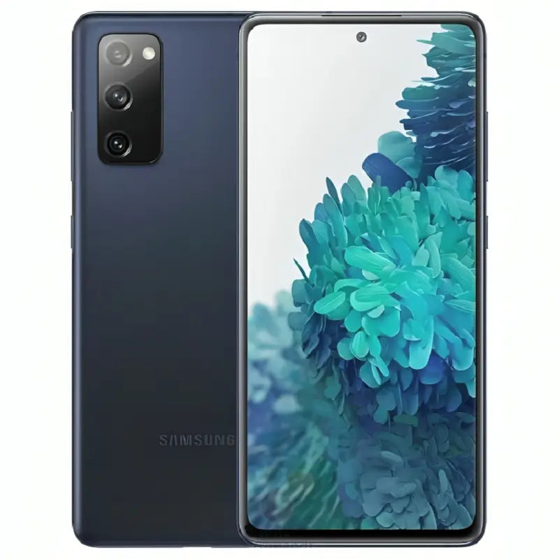 Samsung Galaxy S20 FE in Cloud Navy, displaying the front screen and the back with a triple-camera system, featuring a deep navy matte finish