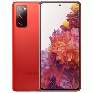 Samsung Galaxy S20 FE in Cloud Red, showcasing the vibrant front display and the back with a triple-camera setup, with a bold red matte design