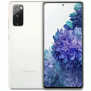 Samsung Galaxy S20 FE in Cloud White, presenting the expansive display and back with triple cameras, with a clean, matte white finish