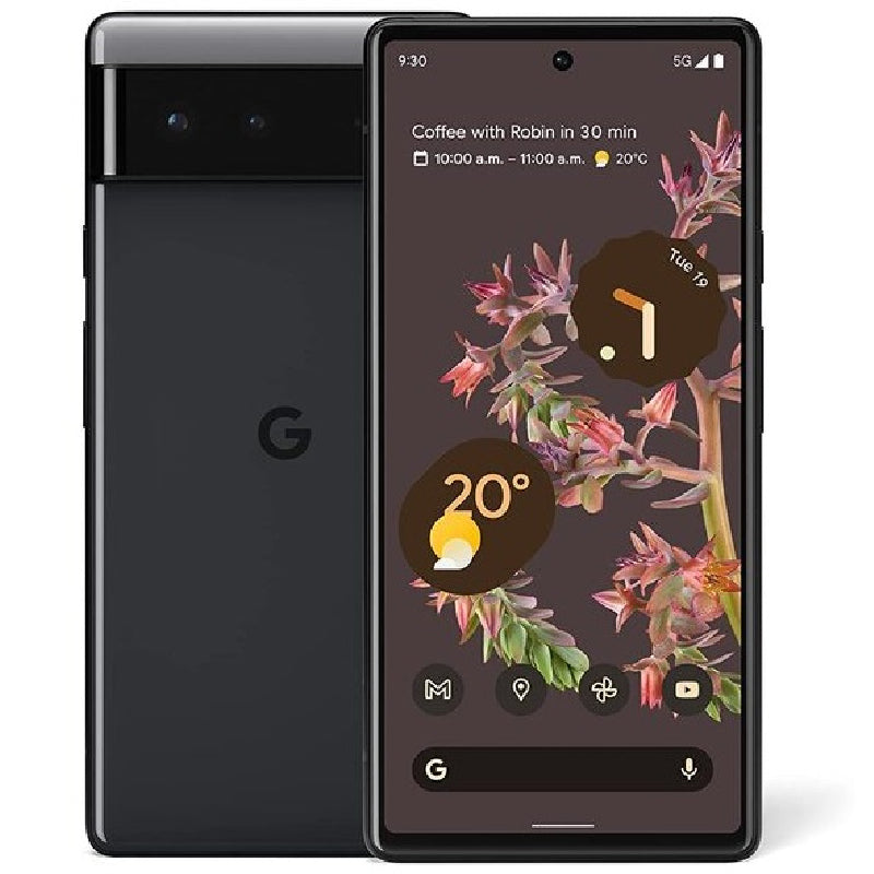 Google Pixel 6 in black color, displaying both front and back views, highlighting its sleek design and dual-camera setup.