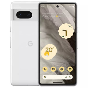 Google Pixel 7 in snow color, displaying the back view with dual rear cameras and front screen, showcasing its sleek design