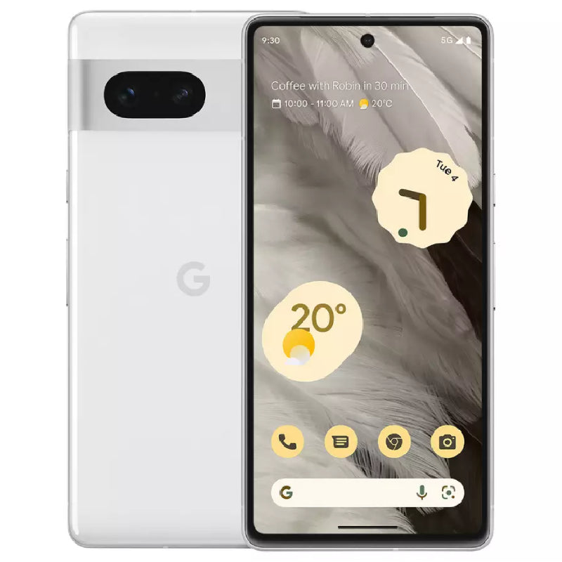 Google Pixel 7 in snow color, displaying the back view with dual rear cameras and front screen, showcasing its sleek design