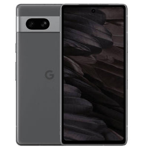 Google Pixel 7a in charcoal color, displaying the back view with dual rear cameras and front screen, showcasing its elegant design and sophisticated look