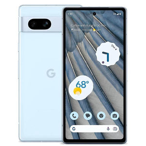 Google Pixel 7a in sea color, displaying the back view with dual rear cameras and front screen, showcasing its sleek design and vibrant aesthetics