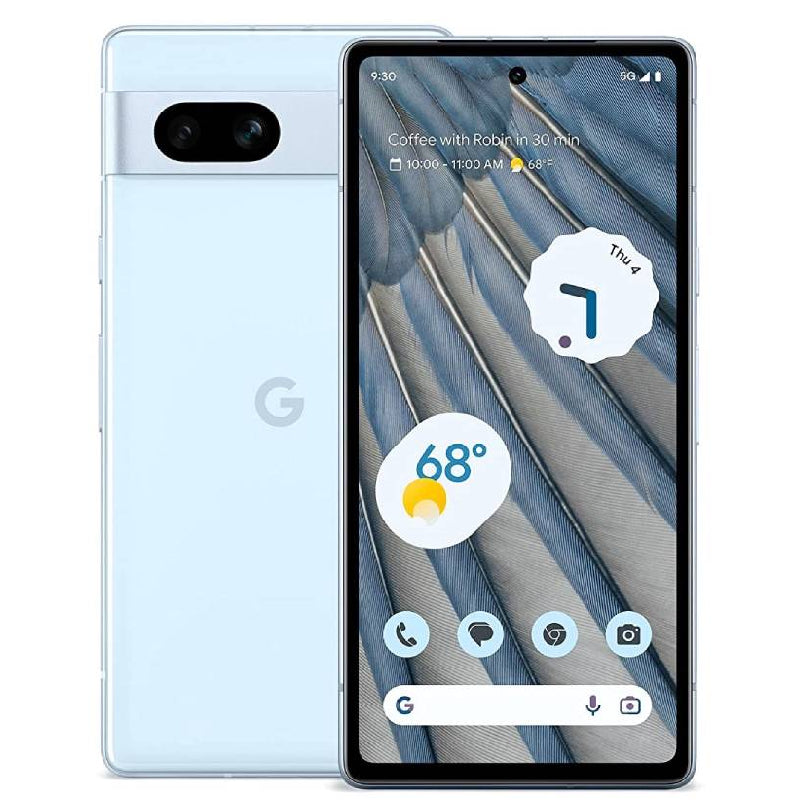 Google Pixel 7a in sea color, displaying the back view with dual rear cameras and front screen, showcasing its sleek design and vibrant aesthetics