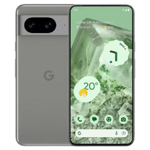 Google Pixel 8 in hazel color, displaying the back view with dual rear cameras and front screen, highlighting its sleek and elegant design