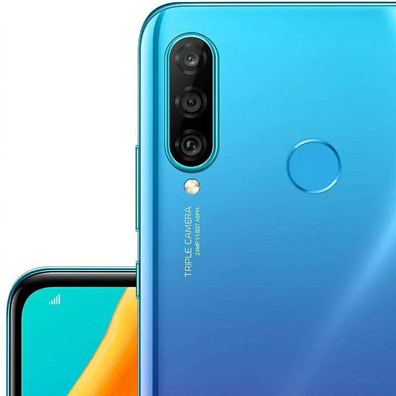 Huawei P30 Lite in blue, highlighting the vibrant front display and stylish back design with a triple camera arrangement