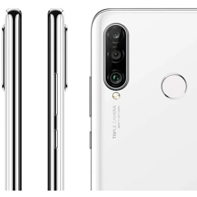 Huawei P30 Lite in Pearl White, displaying his side view with power and volume button and refined back design with a triple camera layout