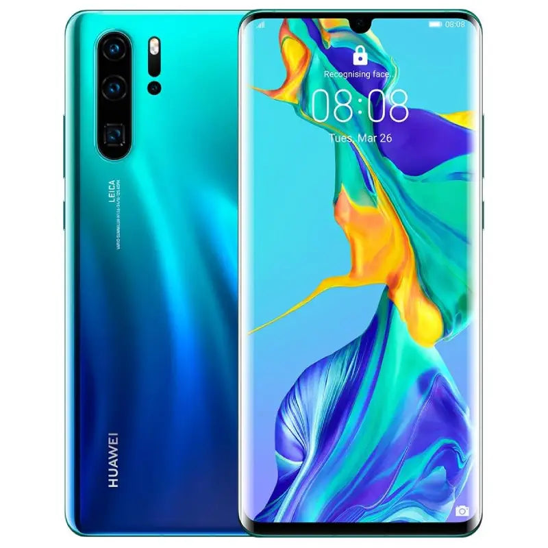 Huawei P30 Pro in Aurora, highlighting the vibrant front display and back featuring the quad-camera system