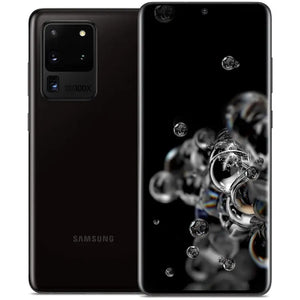 Samsung Galaxy S20 Ultra in Cosmic Black, presenting the expansive display on the front and the back with its advanced quad-camera system