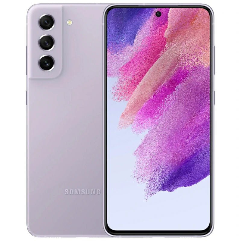 Samsung Galaxy S21 FE in Lavender, presenting the front AMOLED display with minimal borders and the back showcasing its triple-camera configuration