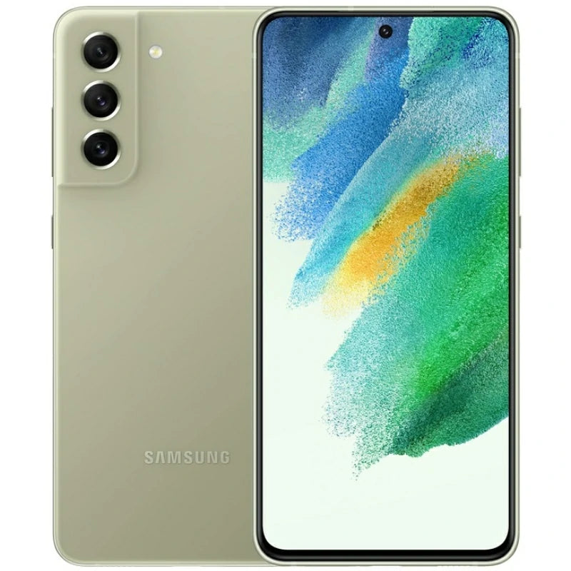Samsung Galaxy S21 FE in olive, presenting the front AMOLED display with minimal borders and the back showcasing its triple-camera configuration