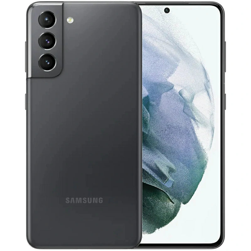 Samsung Galaxy S21 in Phantom Gray, showcasing the front display with minimal bezels and the back view featuring the triple-camera setup, along with the sleek, glossy design