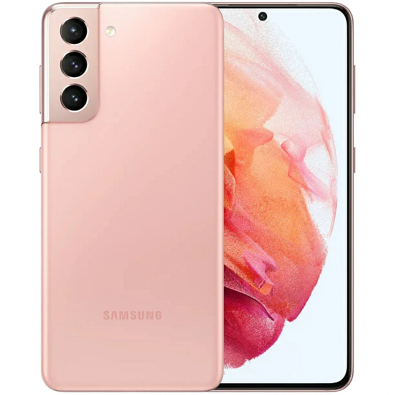 Samsung Galaxy S21 in Phantom Pink, showcasing the front display with minimal bezels and the back view featuring the triple-camera setup, along with the sleek, glossy design