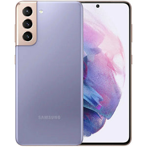 Samsung Galaxy S21 in Phantom Violet, showcasing the front display with minimal bezels and the back view featuring the triple-camera setup, along with the sleek, glossy design