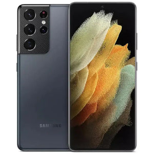 Samsung Galaxy S21 Ultra in Phantom Navy, displaying the front screen with minimal bezels and the back view featuring a quad-camera setup