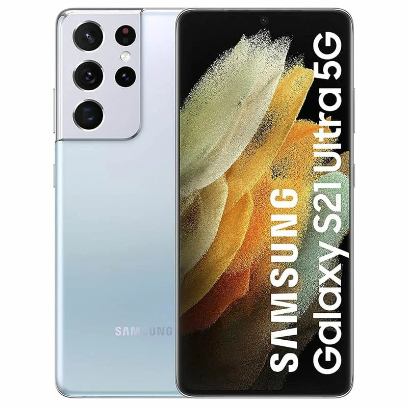 Samsung Galaxy S21 Ultra in Phantom Silver, displaying the front screen with minimal bezels and the back view featuring a quad-camera setup