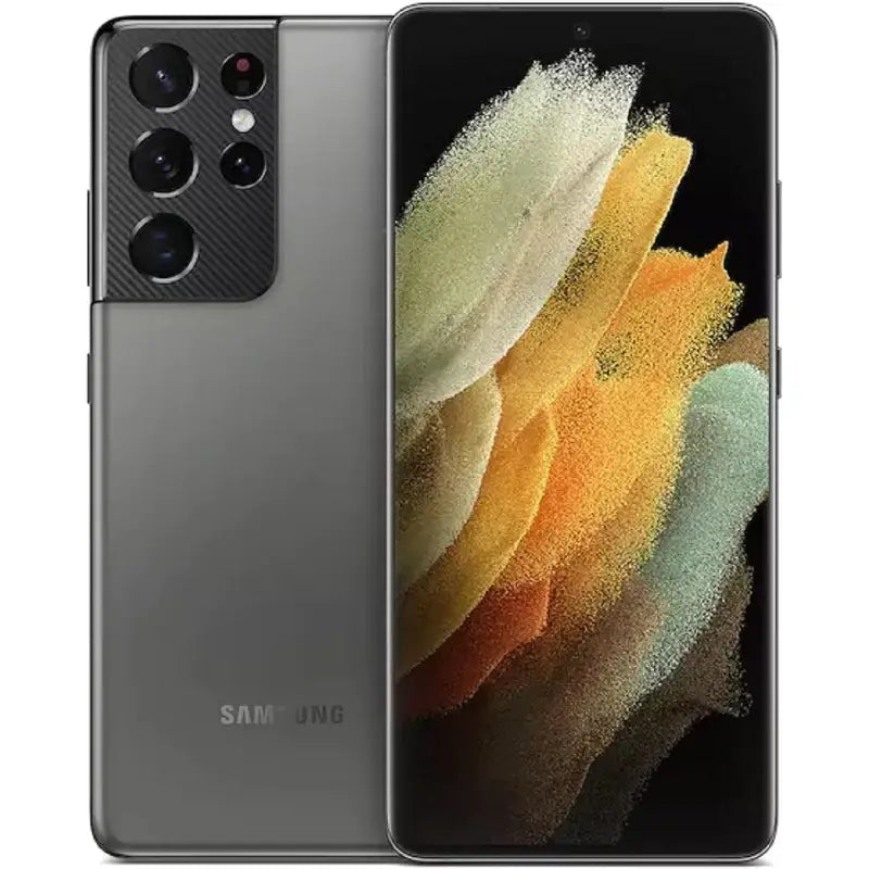 Samsung Galaxy S21 Ultra in Phantom Titanium, displaying the front screen with minimal bezels and the back view featuring a quad-camera setup