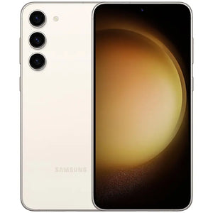 Samsung Galaxy S23 Plus in cream color, displaying the front edge-to-edge AMOLED screen and the back with a vertically aligned triple-camera setup
