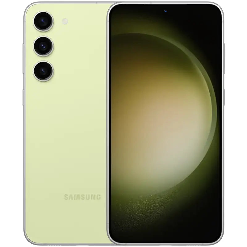 Samsung Galaxy S23 Plus in Lime color, displaying the front edge-to-edge AMOLED screen and the back with a vertically aligned triple-camera setup