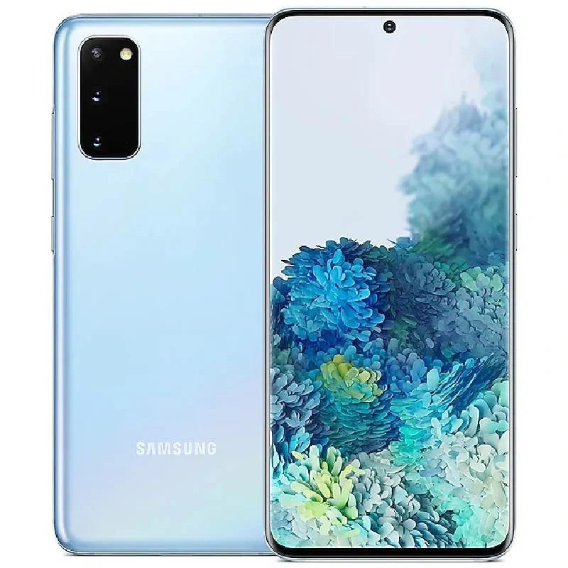 Samsung Galaxy S20 in Cloud Blue, showing the front display and triple-camera system on the back, with a smooth pastel blue finish
