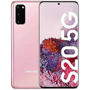 Samsung Galaxy S20 in Cloud Pink, highlighting the front screen and the triple-camera setup on the back, in a soft pink tone