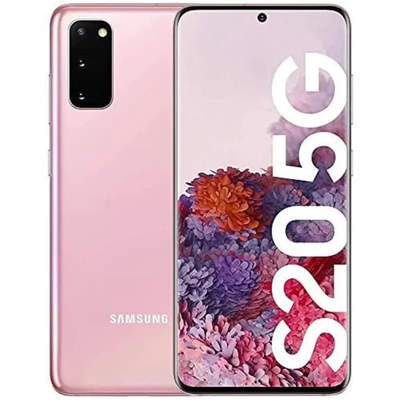 Samsung Galaxy S20 in Cloud Pink, highlighting the front screen and the triple-camera setup on the back, in a soft pink tone