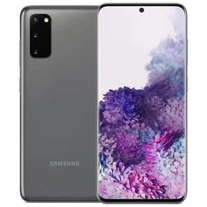 Samsung Galaxy S20 in Cosmic Grey, featuring the front display and the back with a triple-camera setup, finished in a metallic grey tone