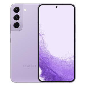 Samsung Galaxy S22 in purple color, showcasing the front AMOLED display with minimal bezels and the back view featuring a vertically aligned triple-camera setup