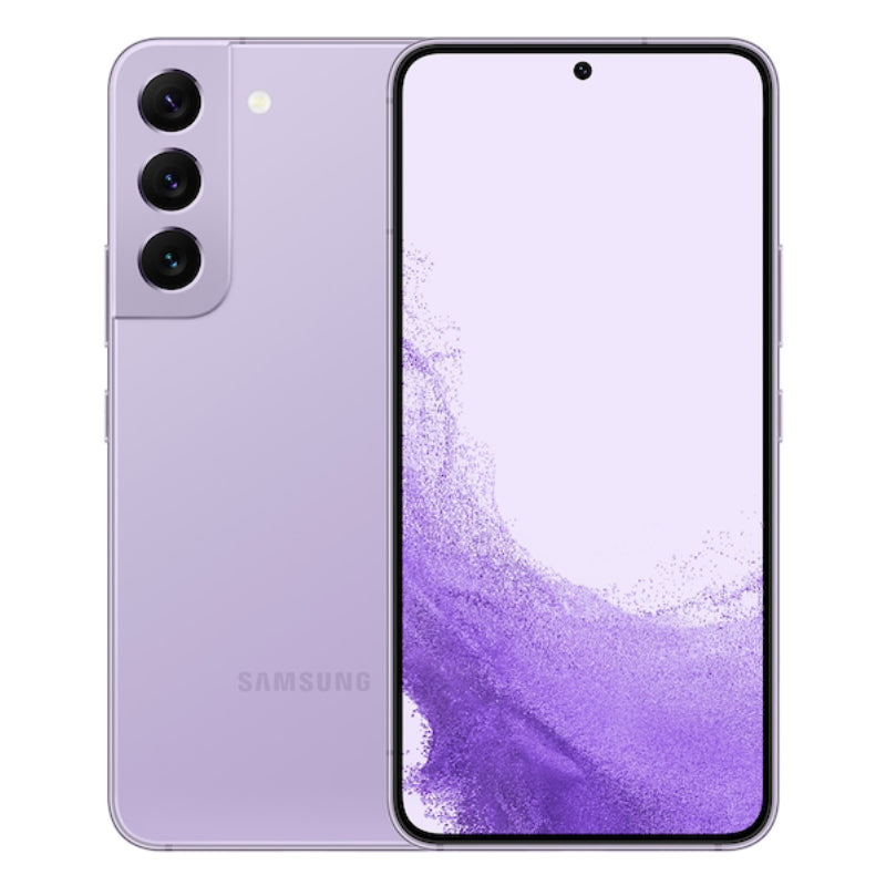 Samsung Galaxy S22 in purple color, showcasing the front AMOLED display with minimal bezels and the back view featuring a vertically aligned triple-camera setup
