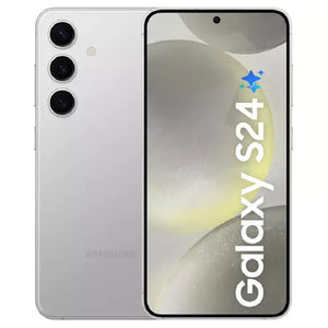 Samsung Galaxy S24 in Marble Grey, showing the front display with a punch-hole camera and the back with a triple camera setup