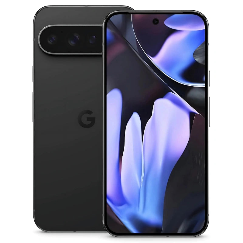 Google Pixel 9 Pro XL in Obsidian, showing a 6.8-inch OLED display on the front and a matte black back with a black camera bar housing three lenses