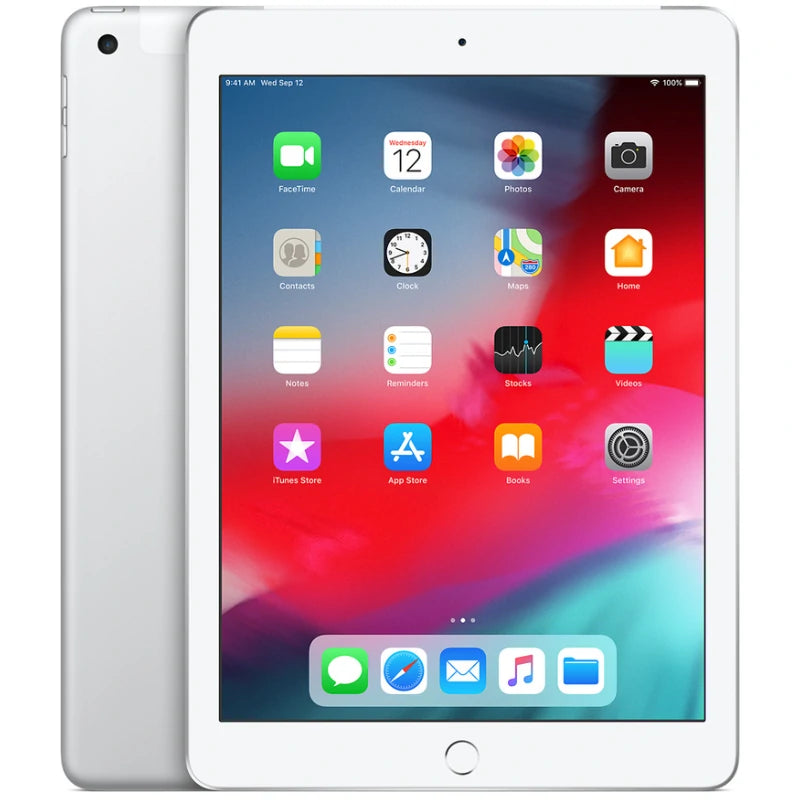 Apple iPad 6 Cellular in Silver, featuring the bright front display and sleek silver back with a rear camera