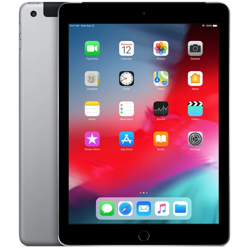 pple iPad 6 Cellular in Space Gray, showcasing the front display and smooth dark gray back with a rear camera