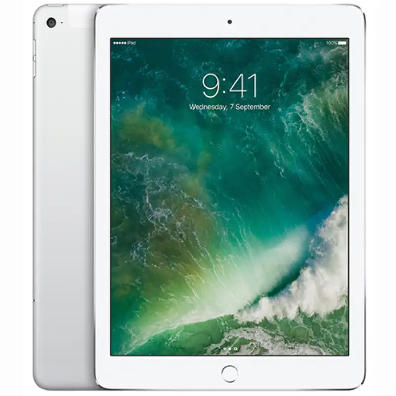 The Silver iPad 5th generation 9.7-inch cellular model showcases a bright front screen and a smooth back finish with a camera