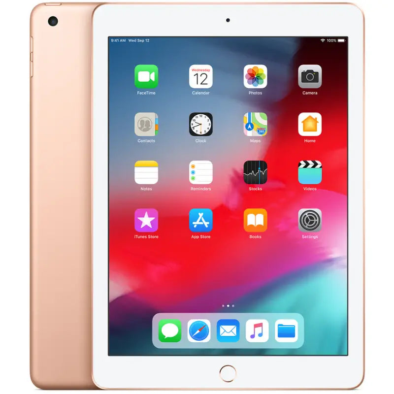 Apple iPad 6 Wi-Fi in Gold, displaying the front screen and elegant gold back with a rear camera