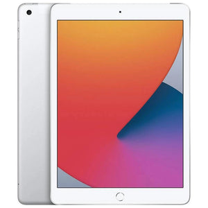 Apple iPad 8 Cellular in Silver, showcasing its front display and sleek silver back with a rear camera at the top