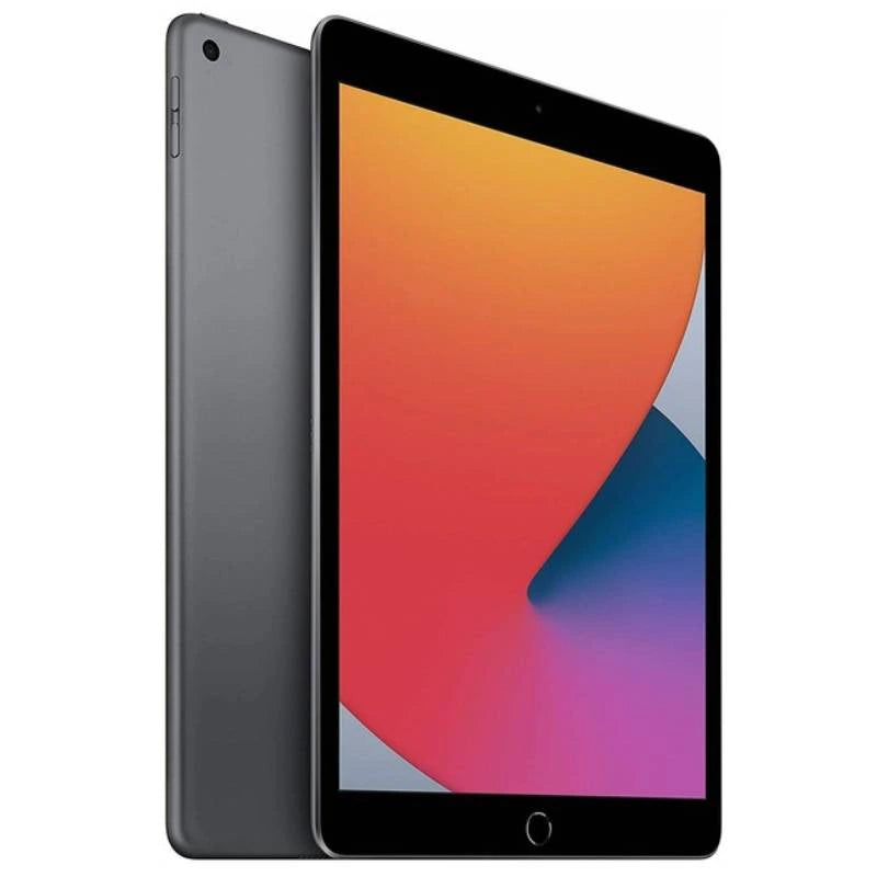 Apple iPad 8th Wi-Fi in Space Gray, showcasing the front display and smooth dark gray back with a rear camera and volume buttons on the side