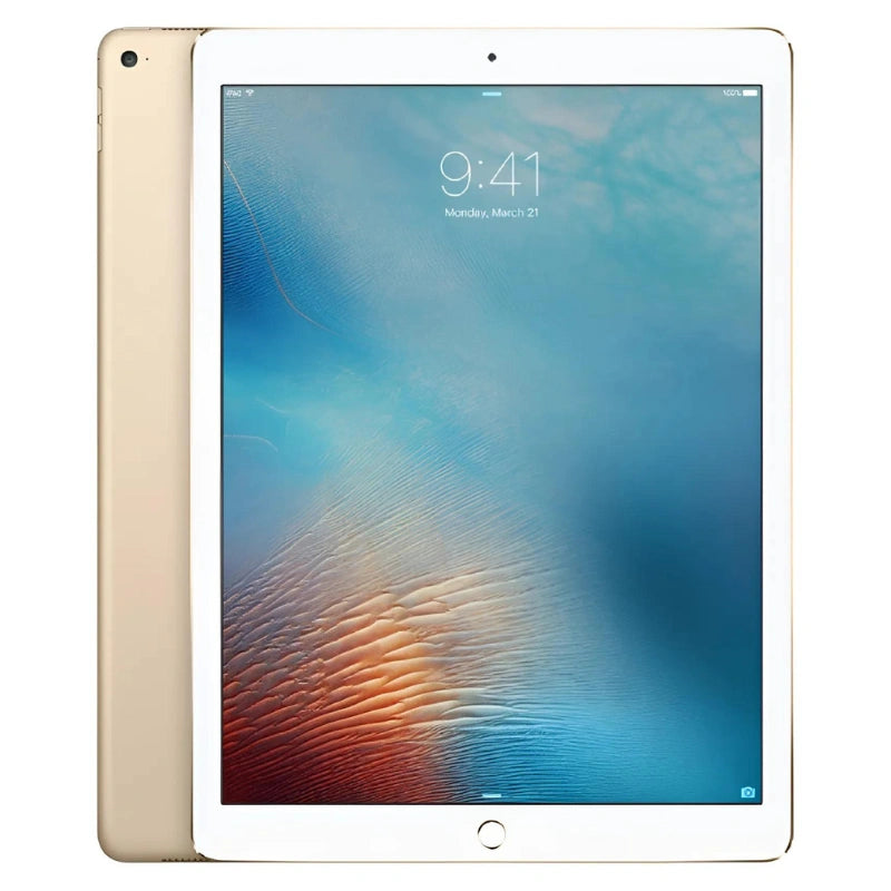 Apple iPad Pro 1st gen 12.9-inch Cellular in Gold, displaying the front screen and elegant gold back with a rear camera